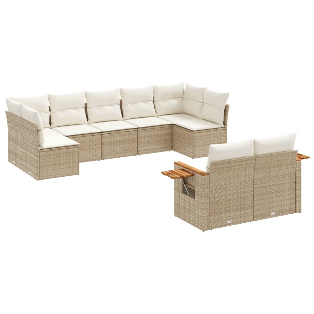 9-delige Loungeset met kussens poly rattan beige – afbeelding 2