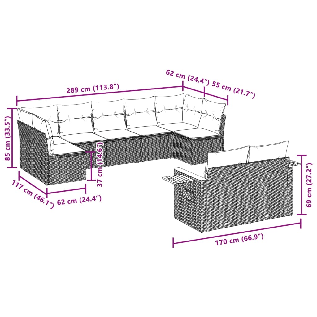 9-delige Loungeset met kussens poly rattan beige – afbeelding 8