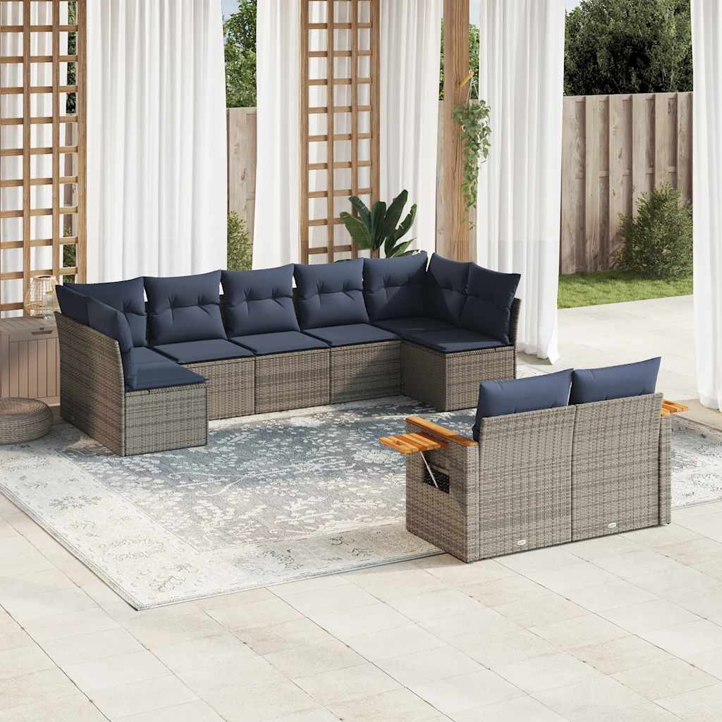 9-delige Loungeset met kussens poly rattan grijs – afbeelding 1