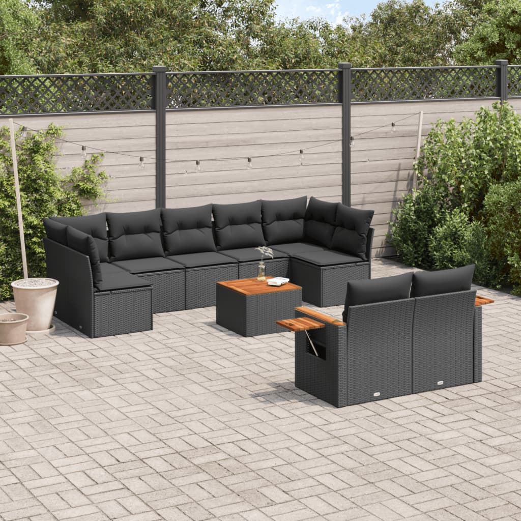 10-delige Loungeset met kussens poly rattan zwart – afbeelding 1