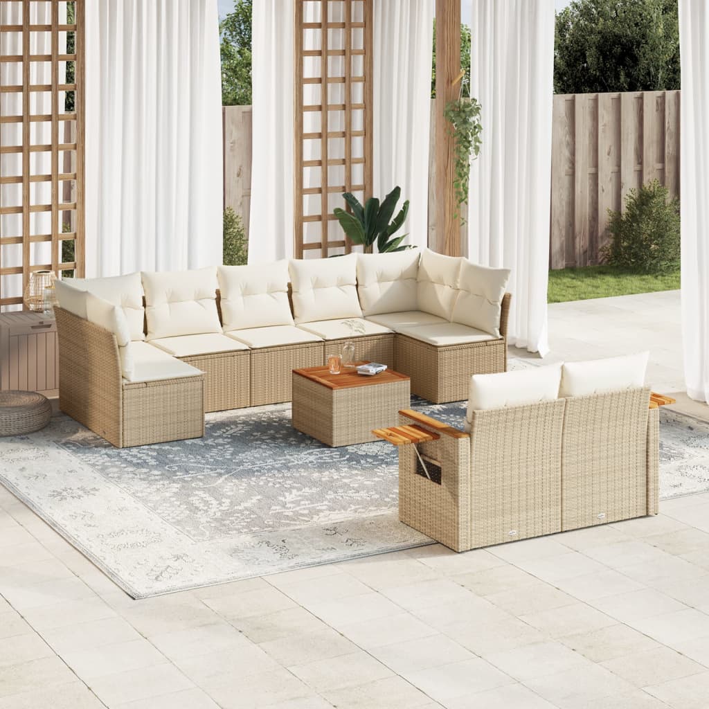 10-delige Loungeset met kussens poly rattan beige – afbeelding 1