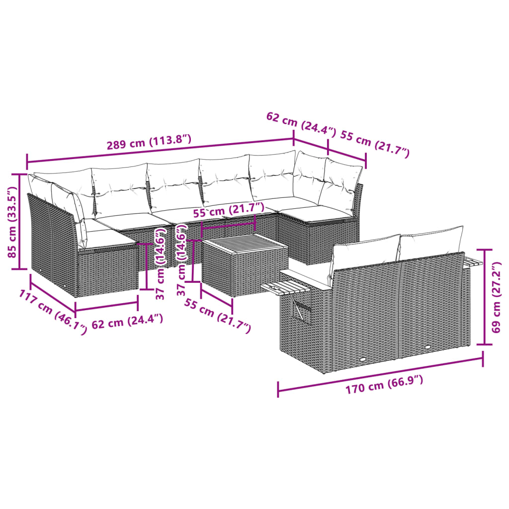 10-delige Loungeset met kussens poly rattan beige – afbeelding 9
