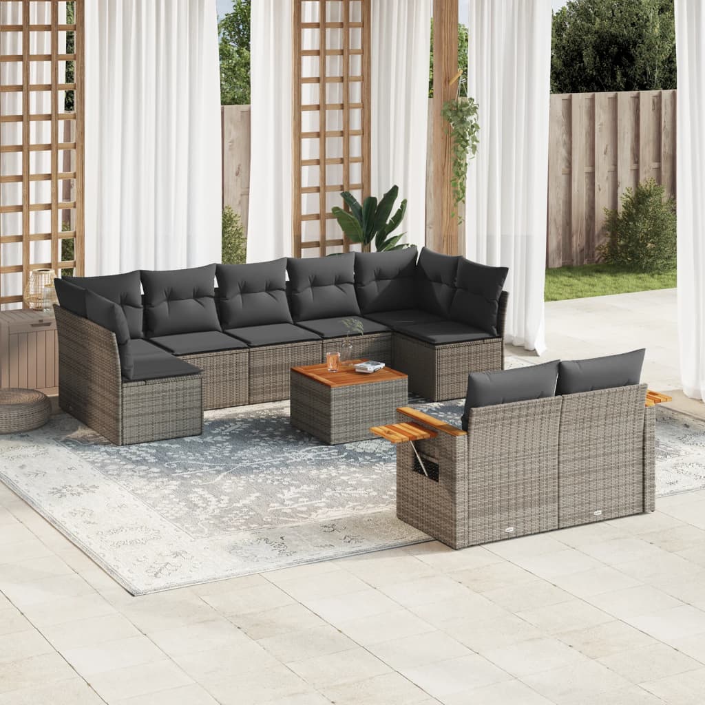 10-delige Loungeset met kussens poly rattan grijs – afbeelding 1