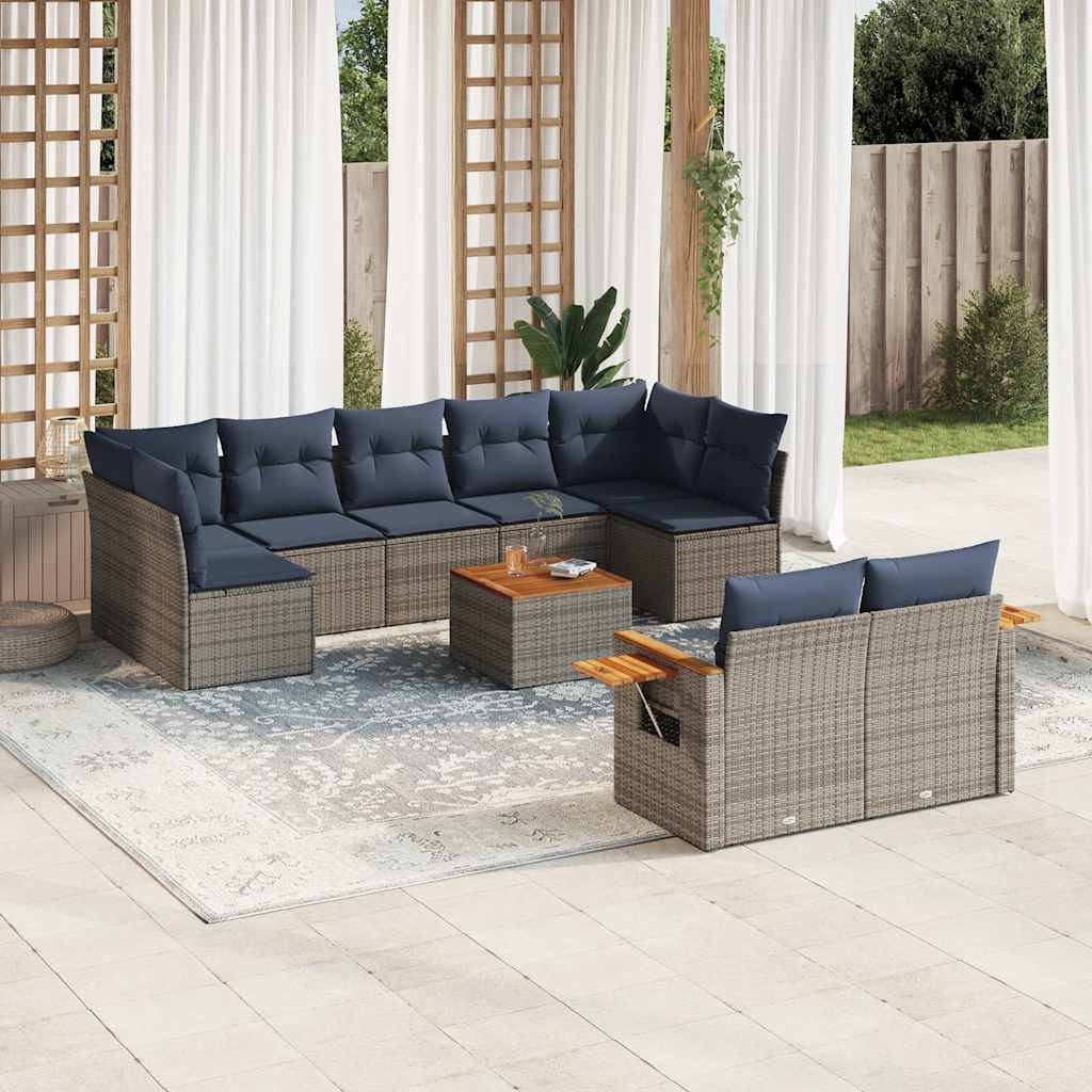 10-delige Loungeset met kussens poly rattan grijs – afbeelding 1
