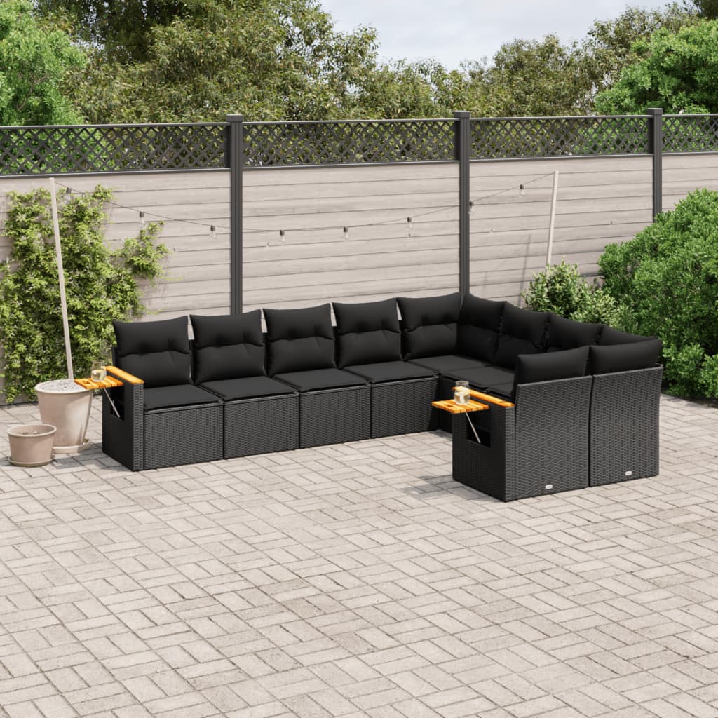 9-delige Loungeset met kussens poly rattan zwart – afbeelding 1
