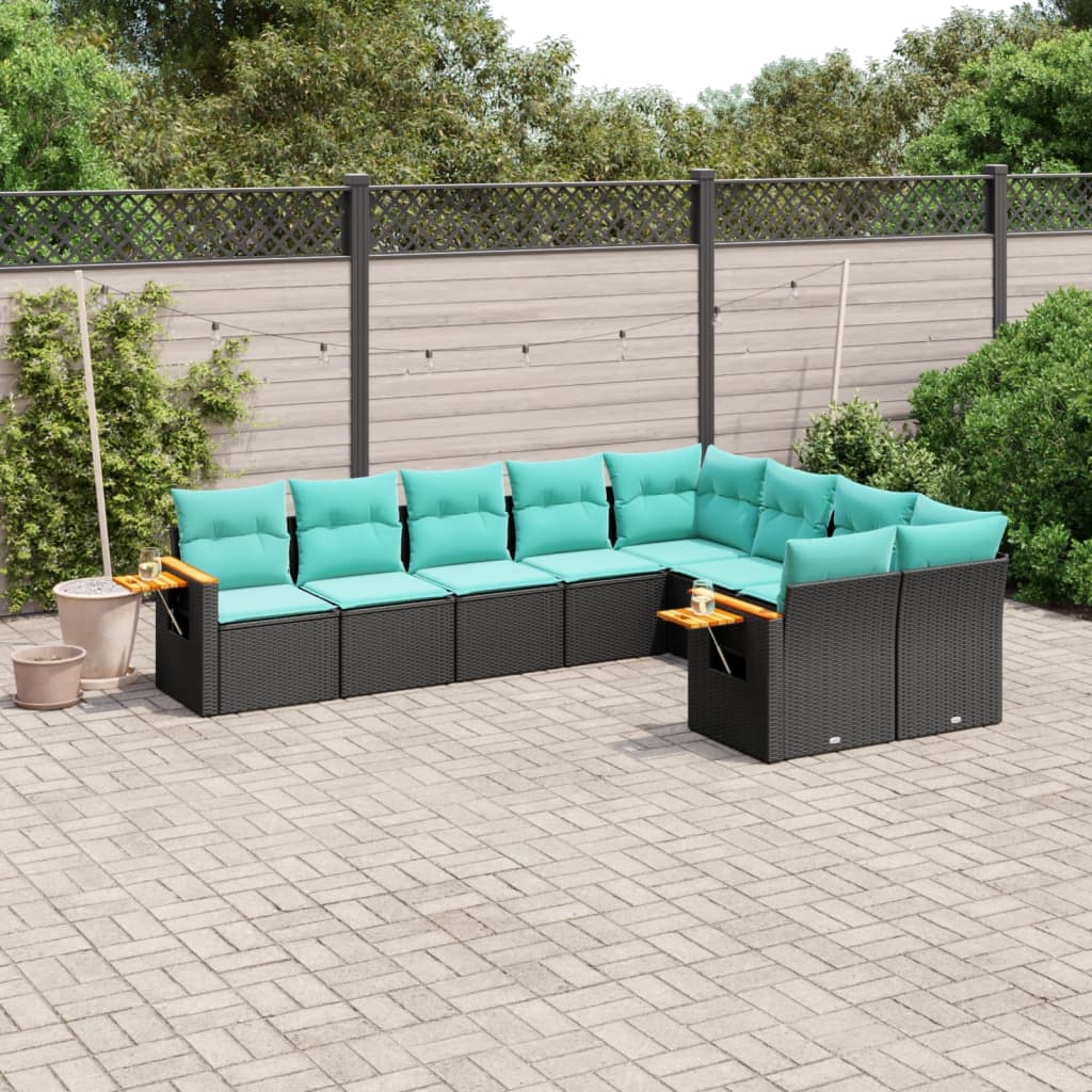9-delige Loungeset met kussens poly rattan zwart – afbeelding 1