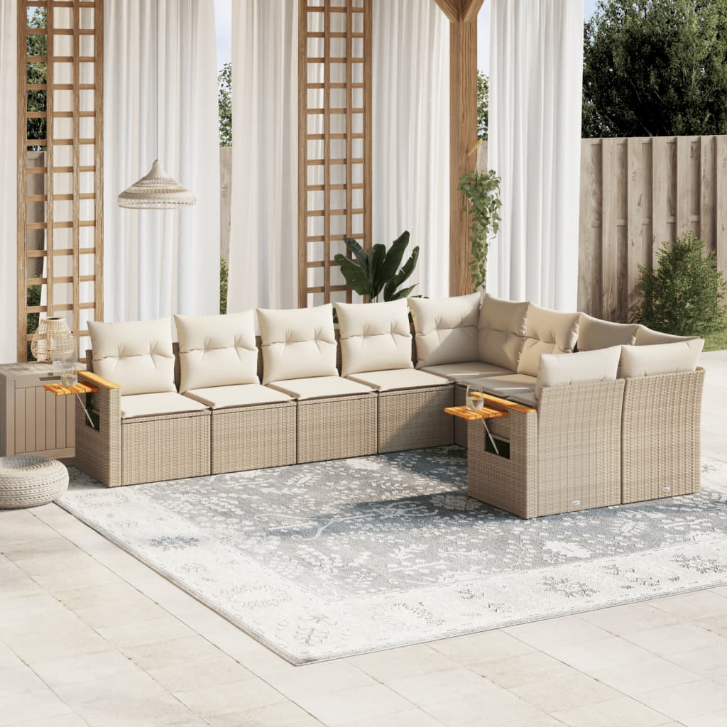 9-delige Loungeset met kussens poly rattan beige – afbeelding 1