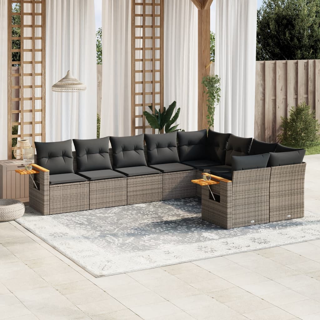 9-delige Loungeset met kussens poly rattan grijs – afbeelding 1