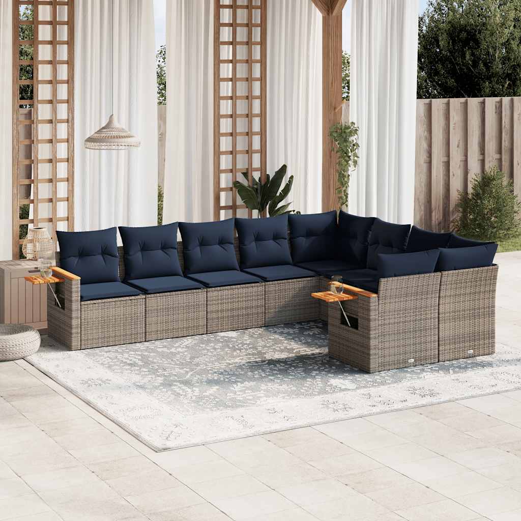 9-delige Loungeset met kussens poly rattan grijs – afbeelding 1
