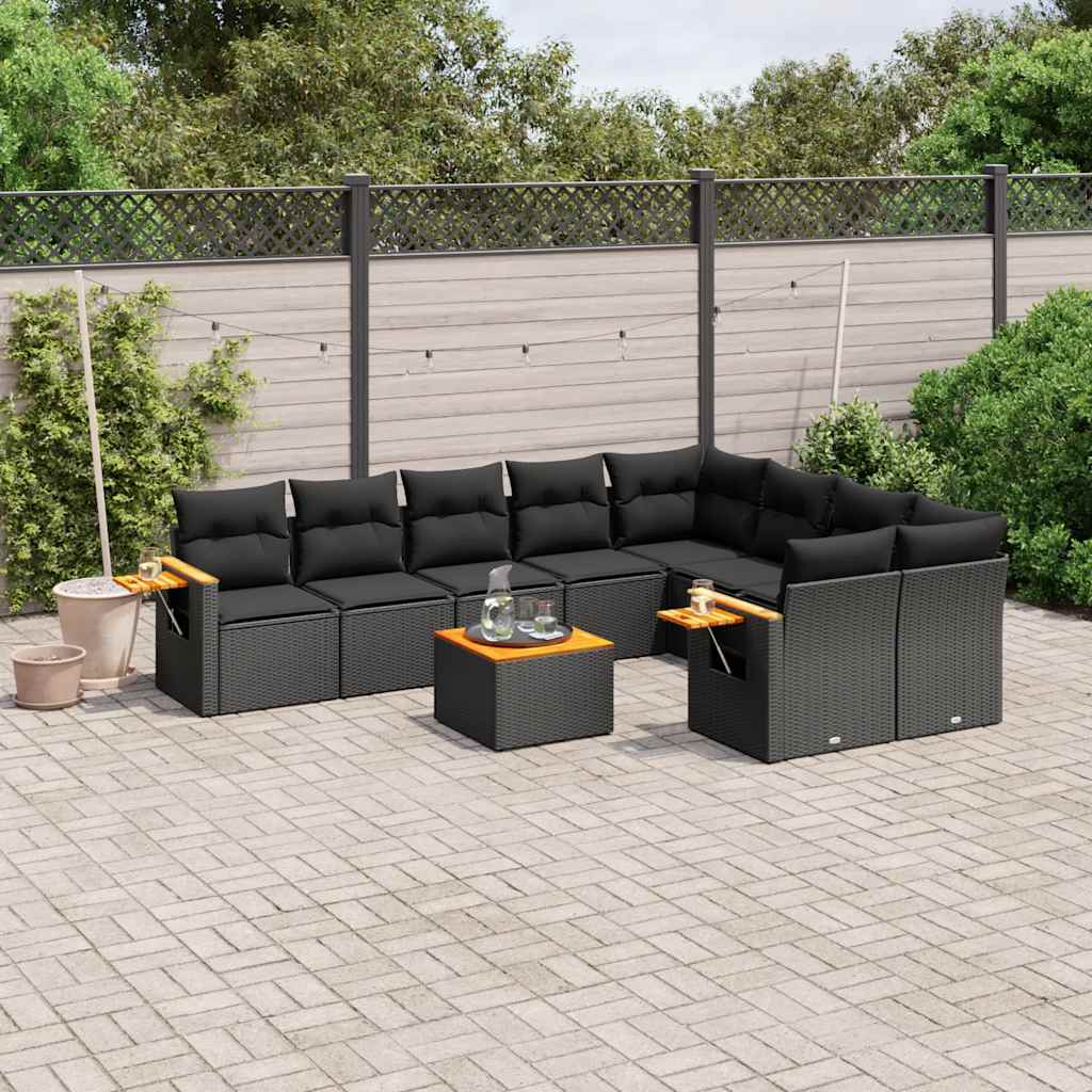 10-delige Loungeset met kussens poly rattan zwart – afbeelding 1