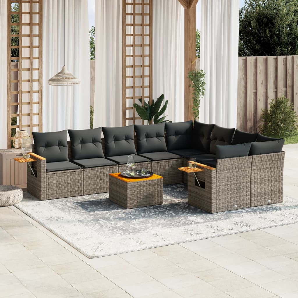 10-delige Loungeset met kussens poly rattan grijs – afbeelding 1