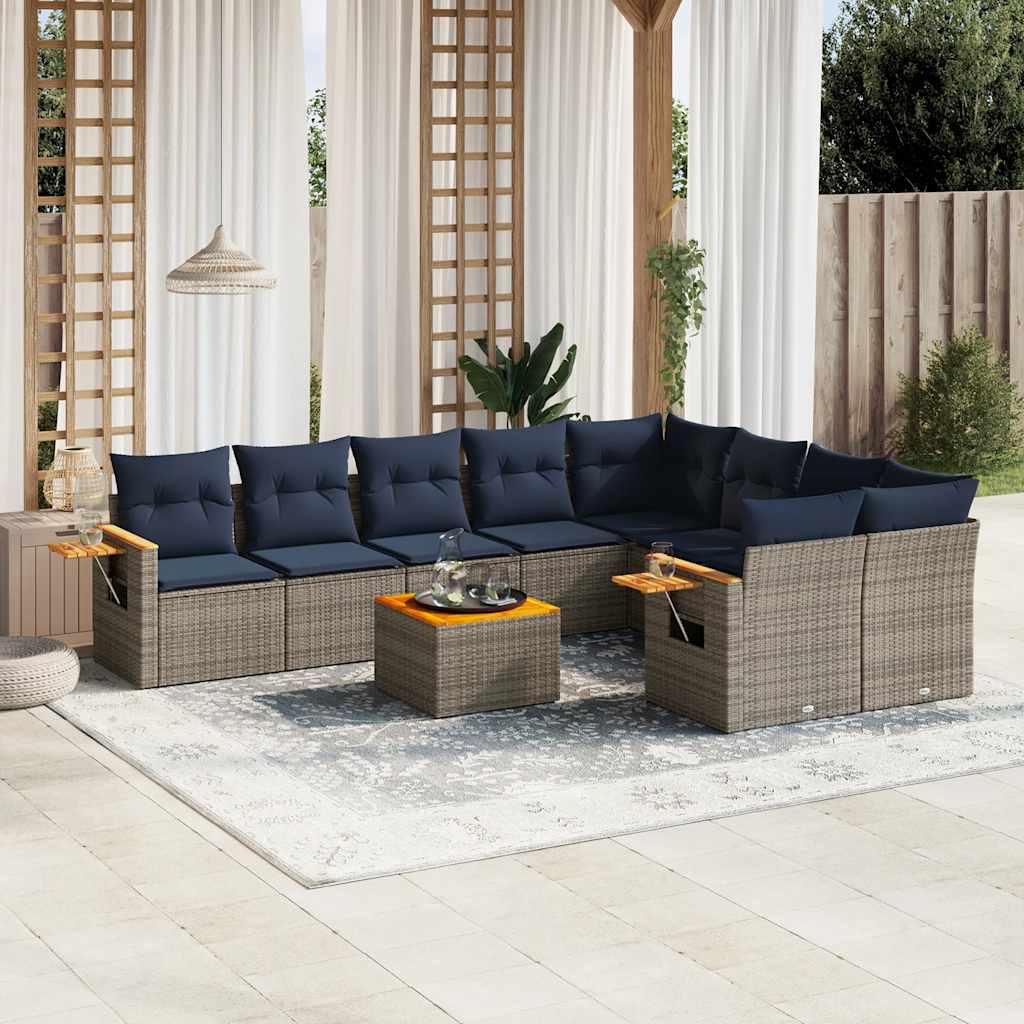 10-delige Loungeset met kussens poly rattan grijs – afbeelding 1