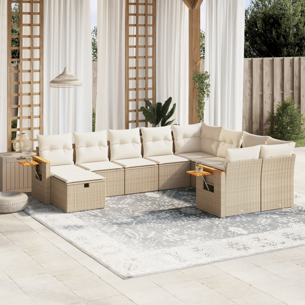10-delige Loungeset met kussens poly rattan beige – afbeelding 1