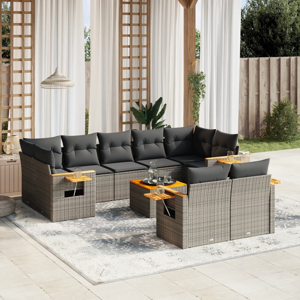 10-delige Loungeset met kussens poly rattan grijs – afbeelding 1