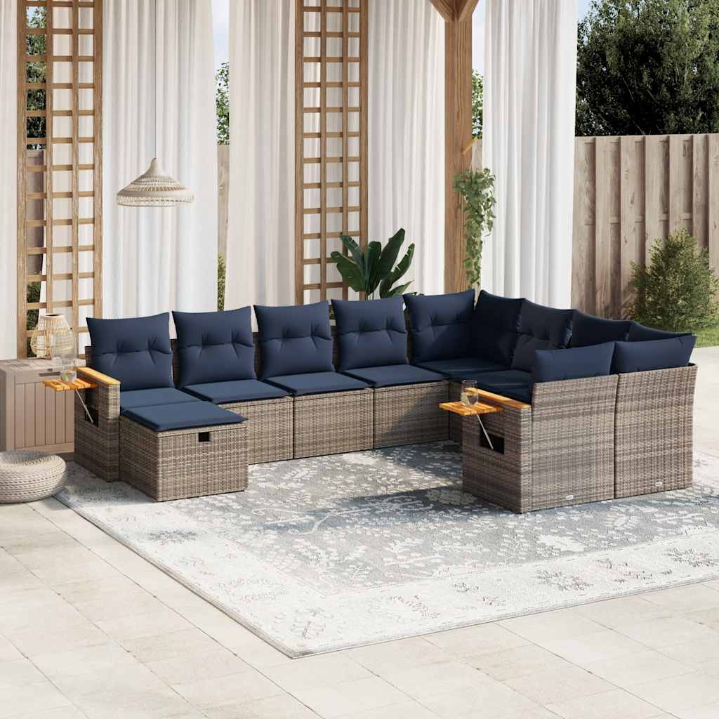 10-delige Loungeset met kussens poly rattan grijs
