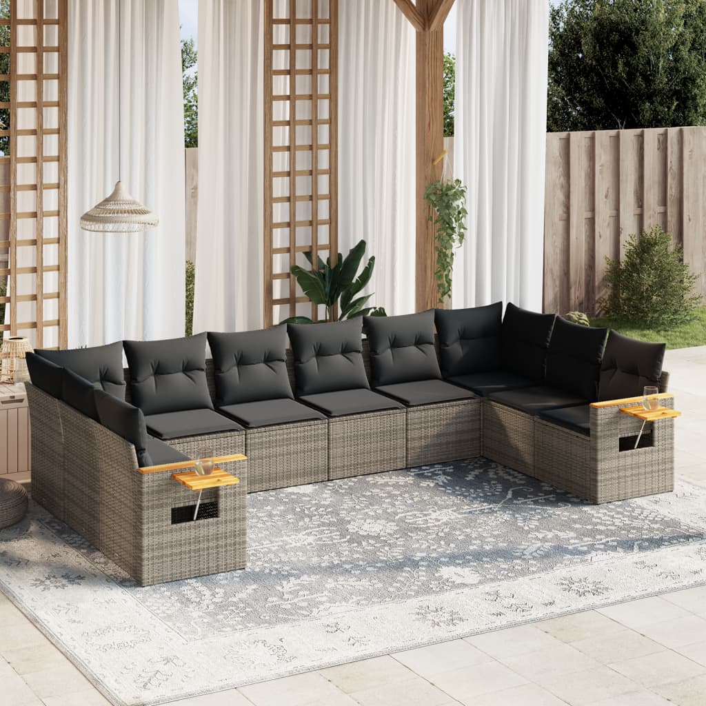 10-delige Loungeset met kussens poly rattan grijs – afbeelding 1