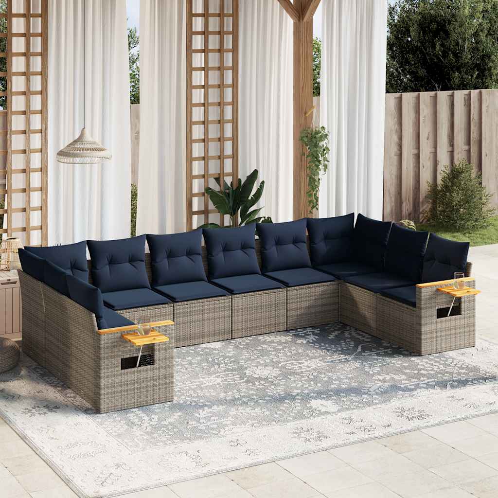 10-delige Loungeset met kussens poly rattan grijs – afbeelding 1