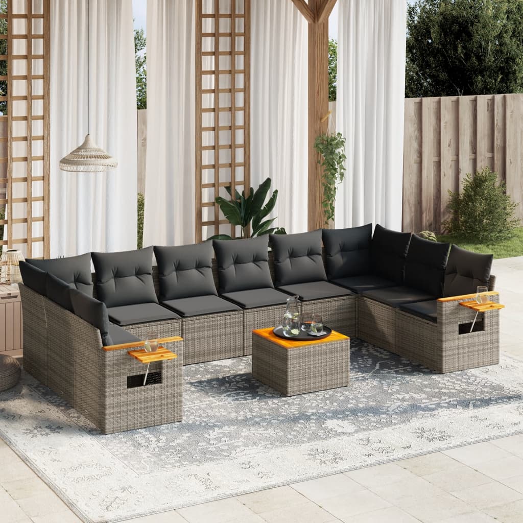 11-delige Loungeset met kussens poly rattan grijs – afbeelding 1