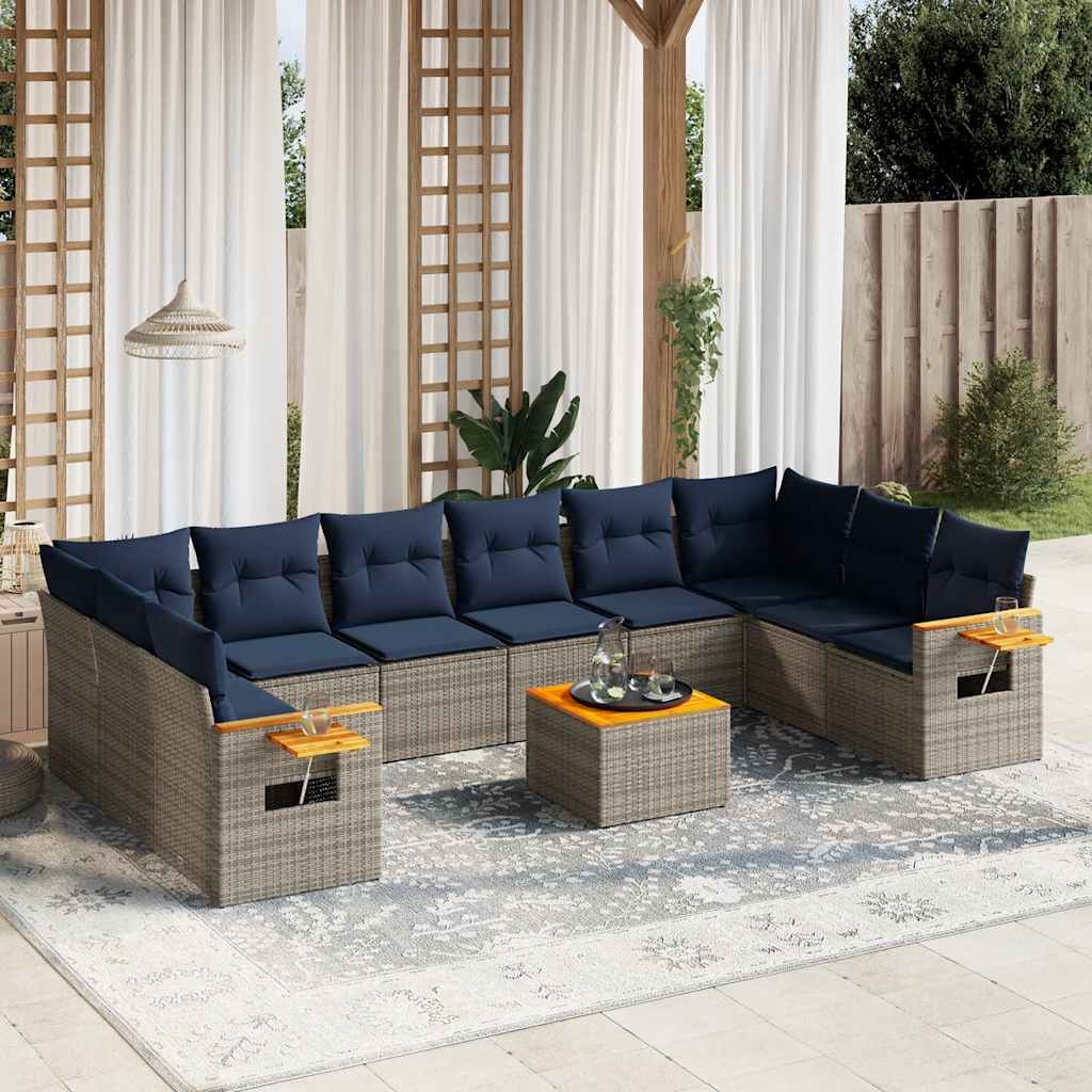 11-delige Loungeset met kussens poly rattan grijs – afbeelding 1