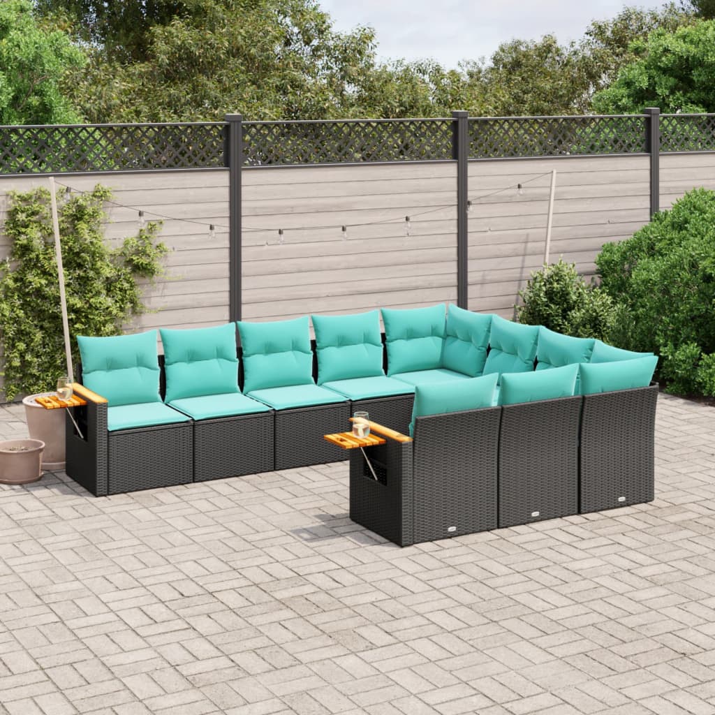 10-delige Loungeset met kussens poly rattan zwart – afbeelding 1