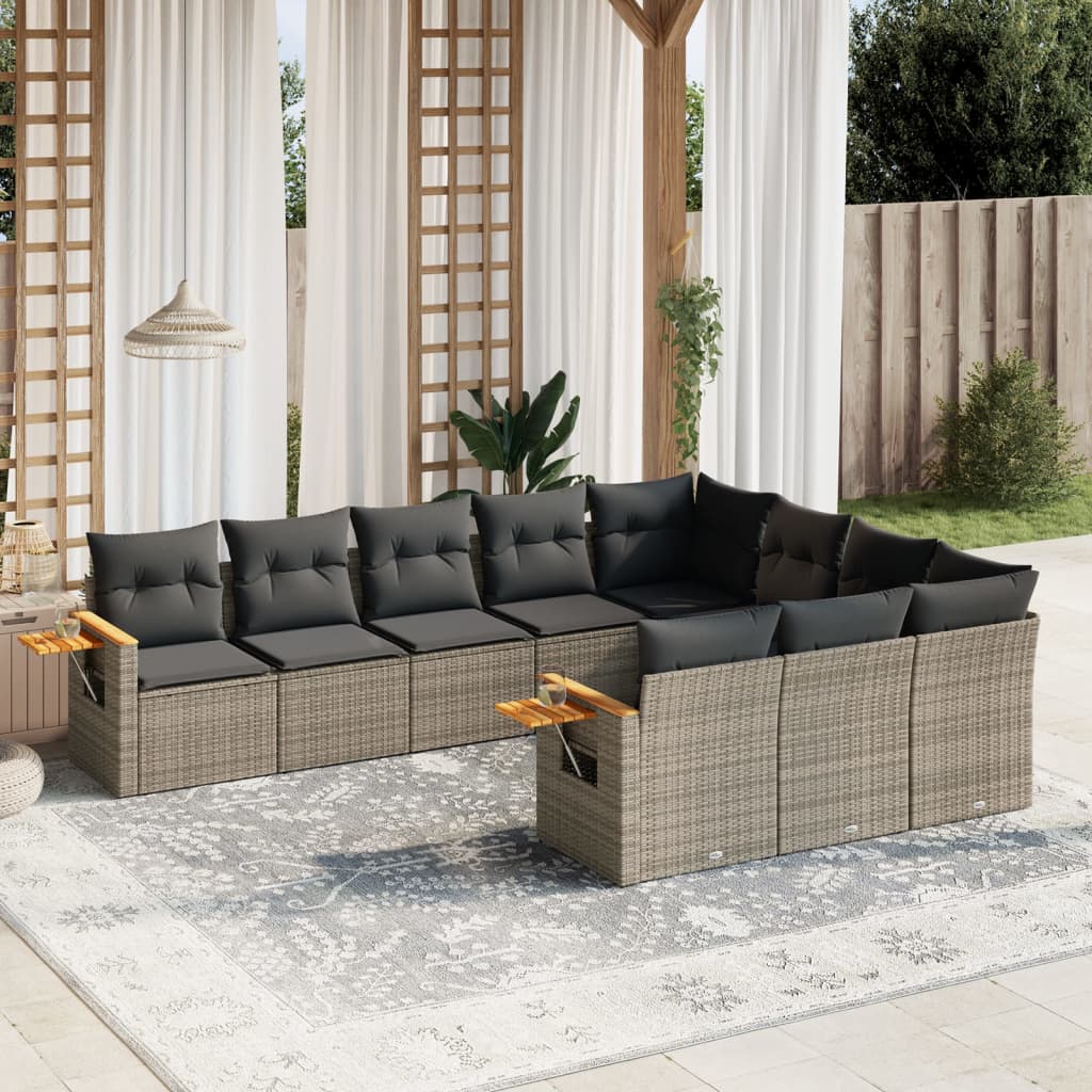 10-delige Loungeset met kussens poly rattan grijs – afbeelding 1