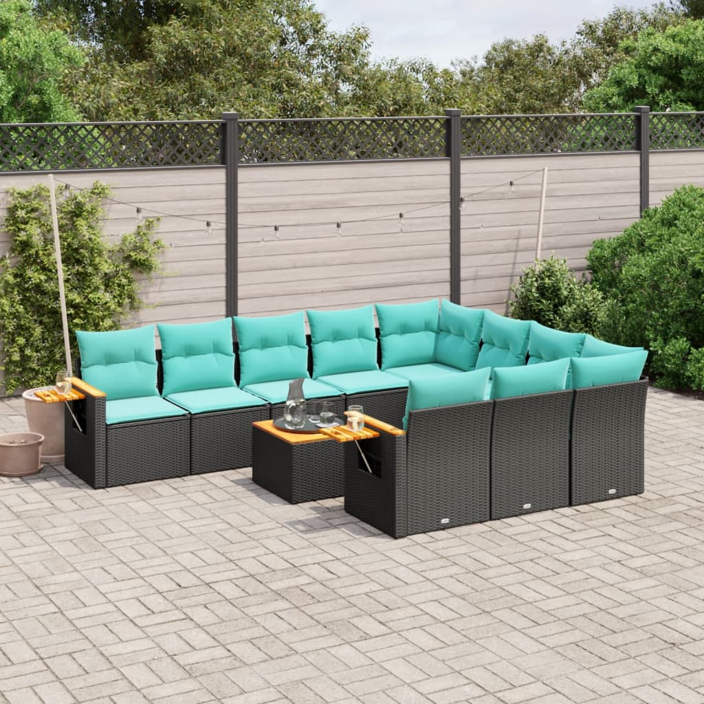 11-delige Loungeset met kussens poly rattan zwart – afbeelding 1