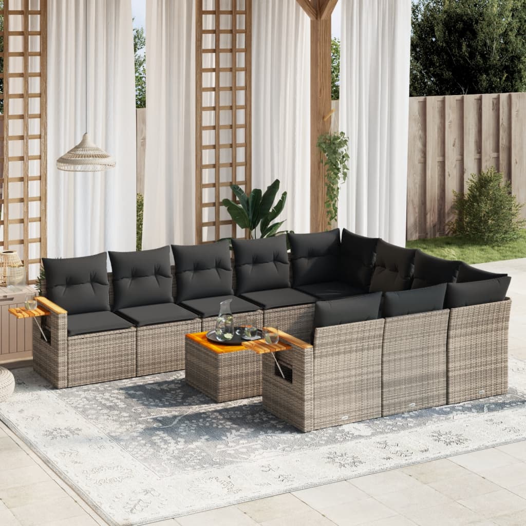 11-delige Loungeset met kussens poly rattan grijs – afbeelding 1