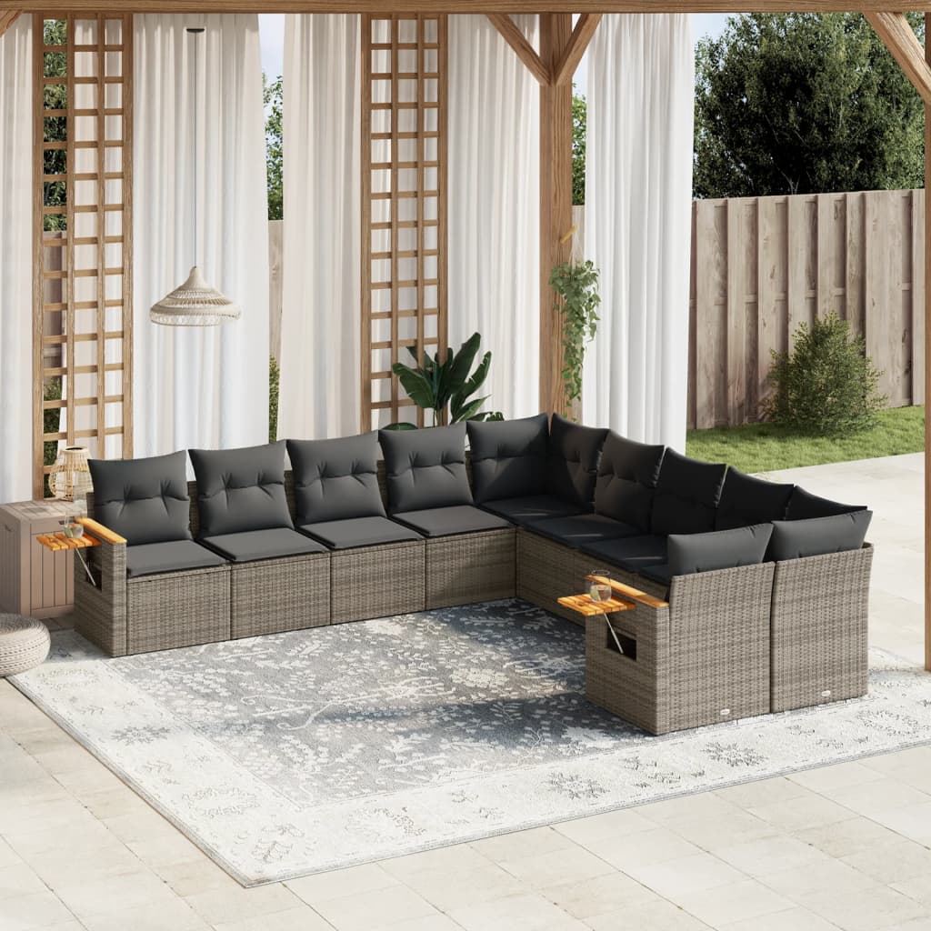 10-delige Loungeset met kussens poly rattan grijs – afbeelding 1
