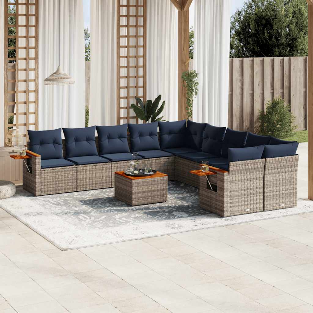 11-delige Loungeset met kussens poly rattan grijs – afbeelding 1