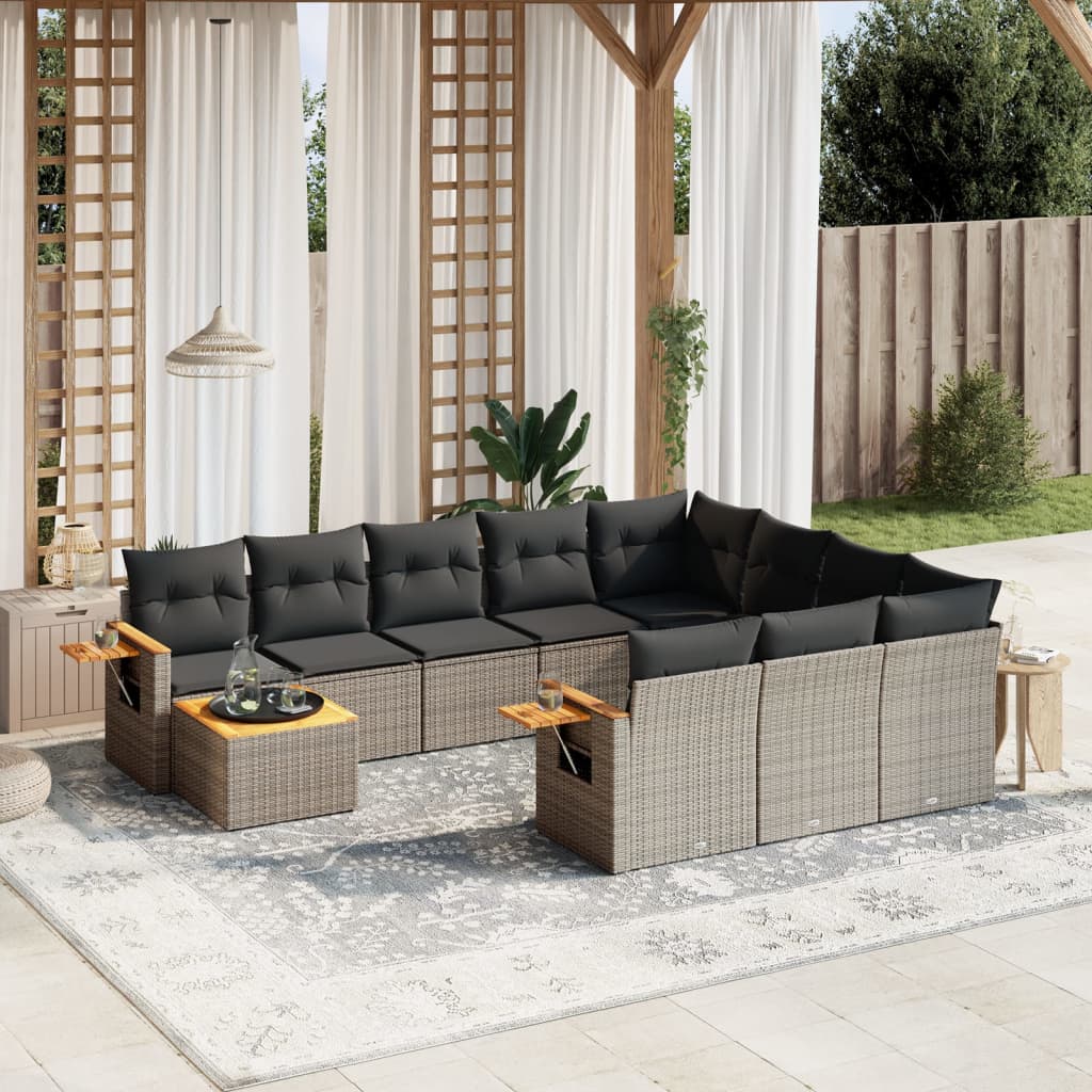 11-delige Loungeset met kussens poly rattan grijs – afbeelding 1