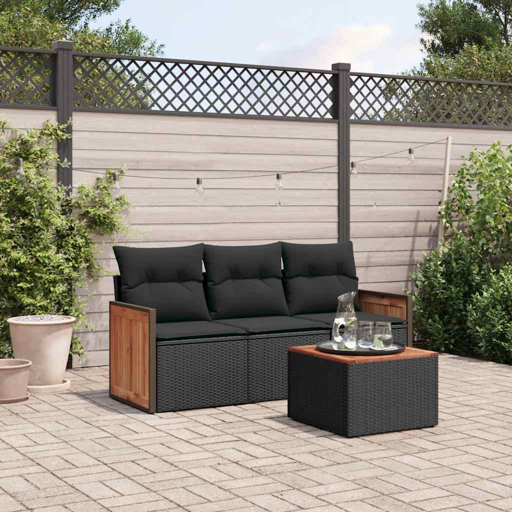 4-delige Loungeset met kussens poly rattan zwart – afbeelding 1
