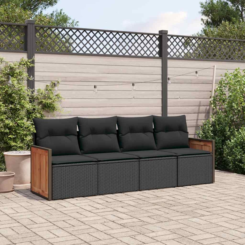 4-delige Loungeset met kussens poly rattan zwart – afbeelding 1