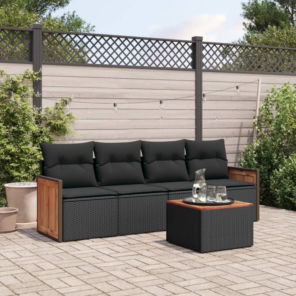 5-delige Loungeset met kussens poly rattan zwart – afbeelding 1