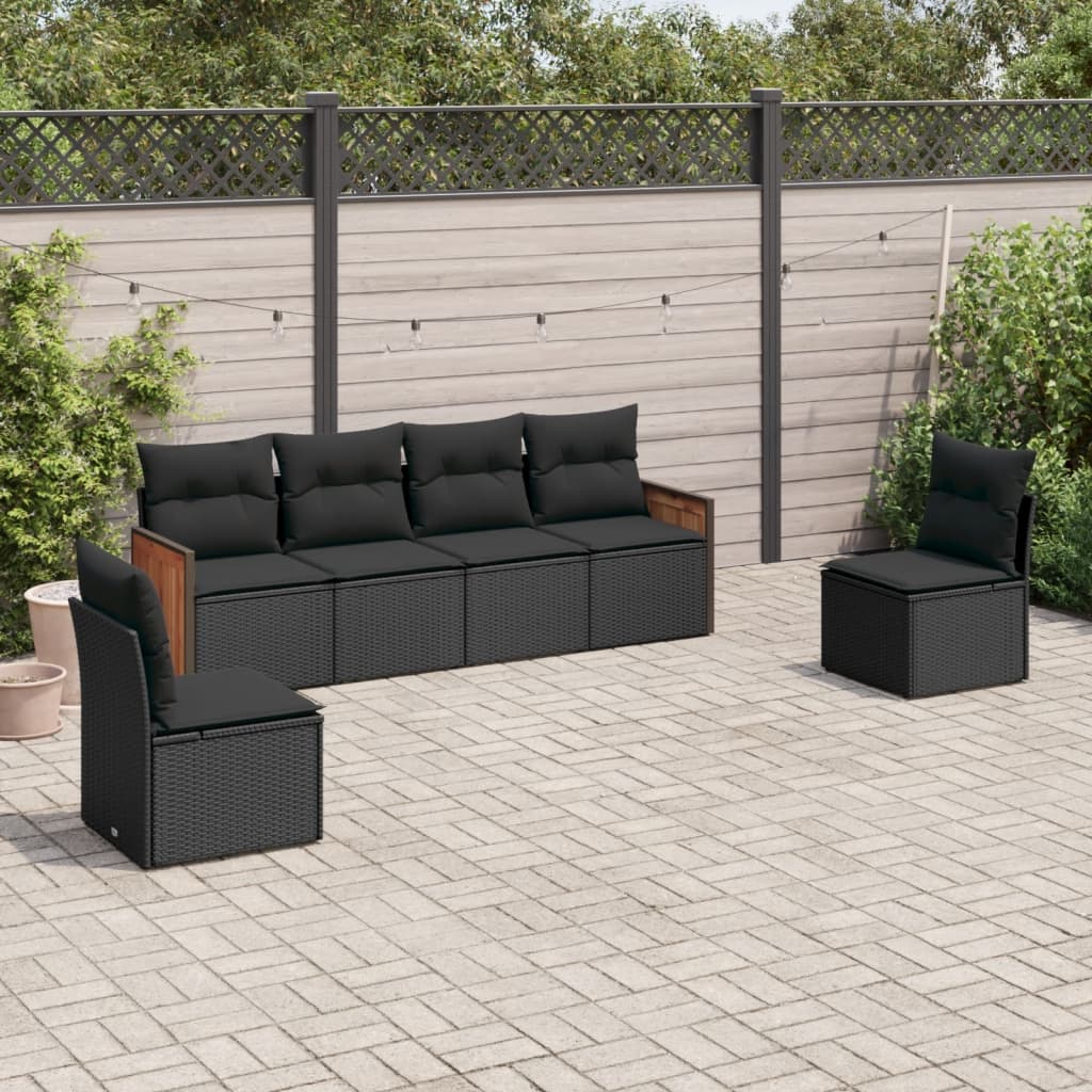 6-delige Loungeset met kussens poly rattan zwart – afbeelding 1