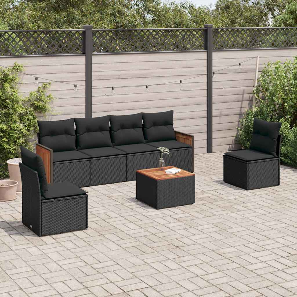 7-delige Loungeset met kussens poly rattan zwart – afbeelding 1