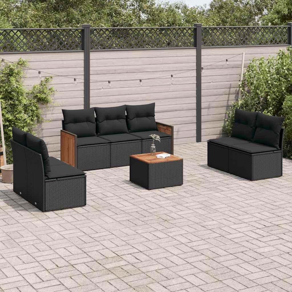 8-delige Loungeset met kussens poly rattan zwart – afbeelding 1