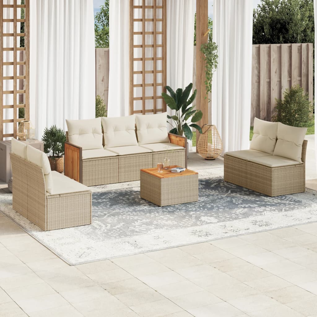 8-delige Loungeset met kussens poly rattan beige – afbeelding 1