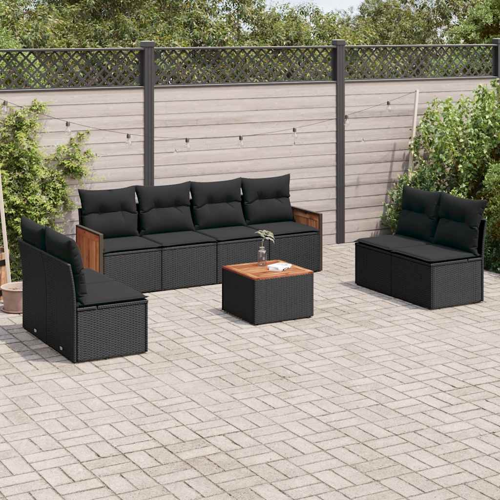9-delige Loungeset met kussens poly rattan zwart – afbeelding 1