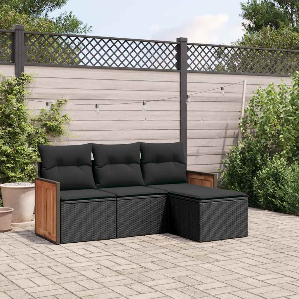 4-delige Loungeset met kussens poly rattan zwart – afbeelding 1