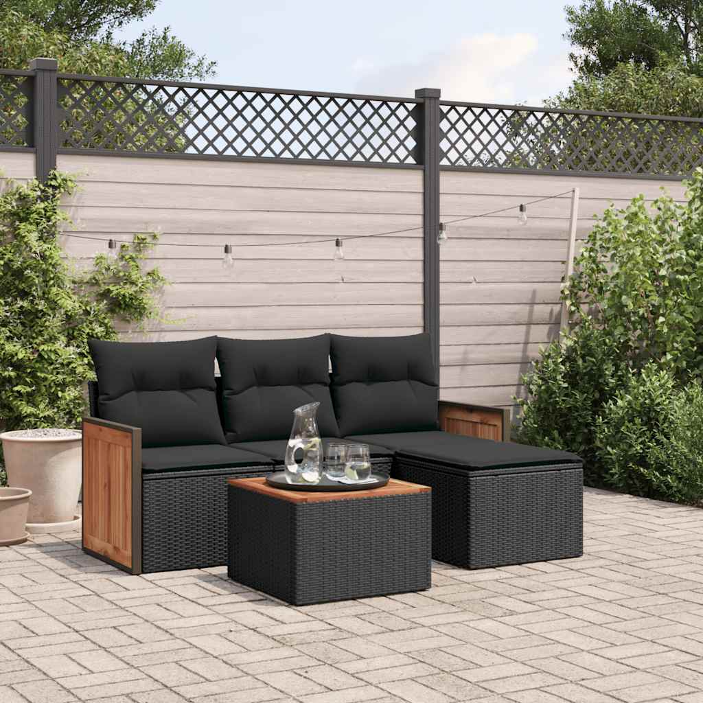 5-delige Loungeset met kussens poly rattan zwart – afbeelding 1