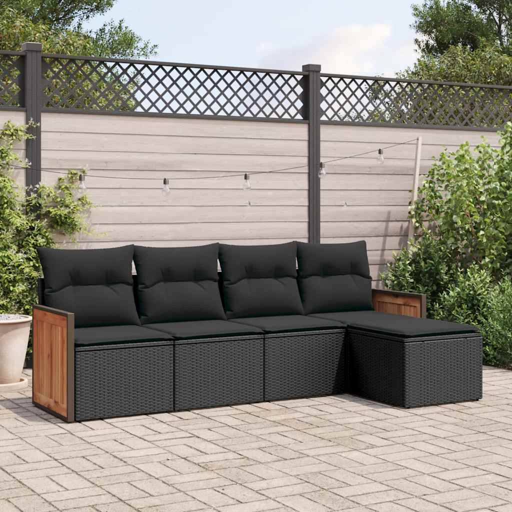 5-delige Loungeset met kussens poly rattan zwart – afbeelding 1