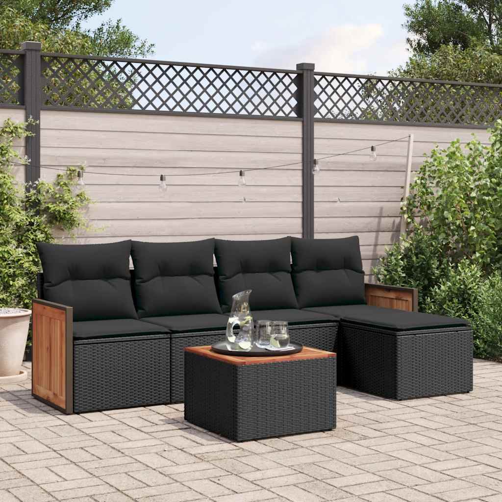 6-delige Loungeset met kussens poly rattan zwart – afbeelding 1