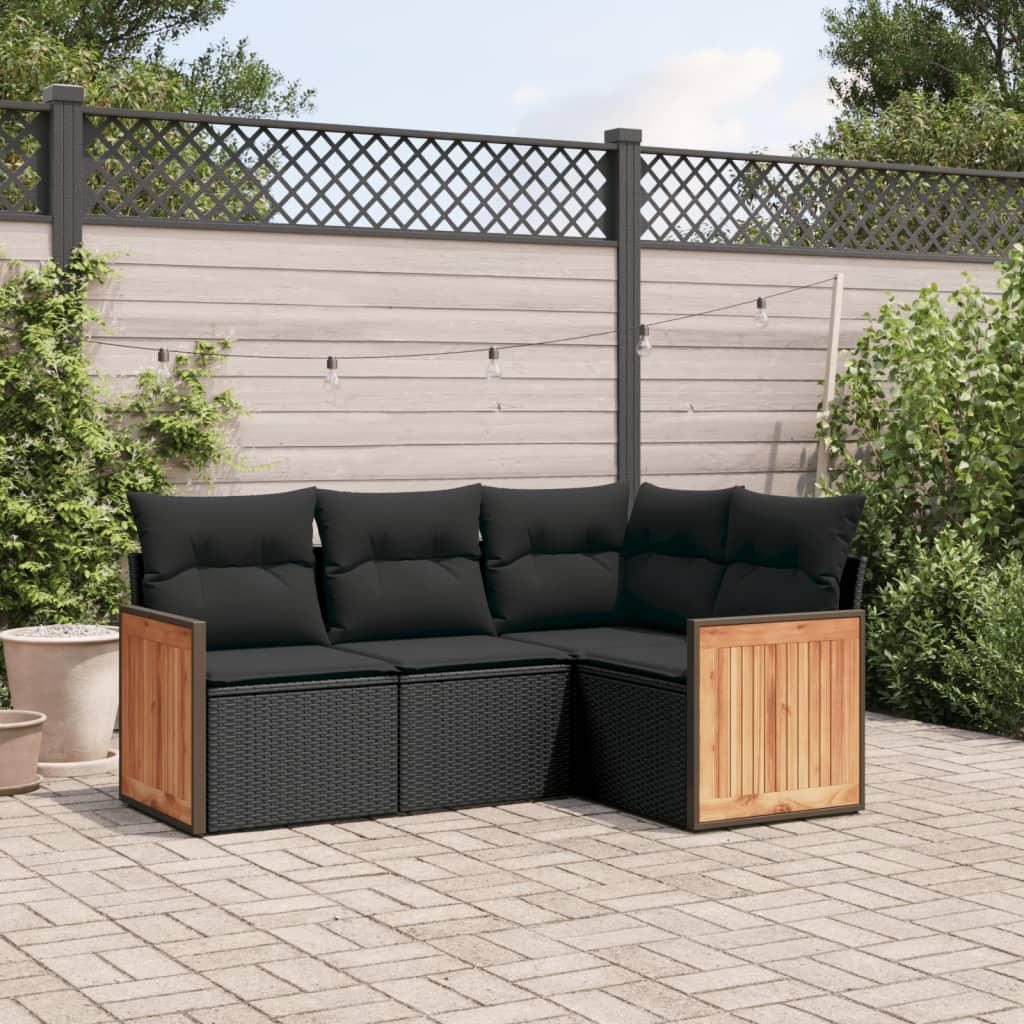 4-delige Loungeset met kussens poly rattan zwart – afbeelding 1