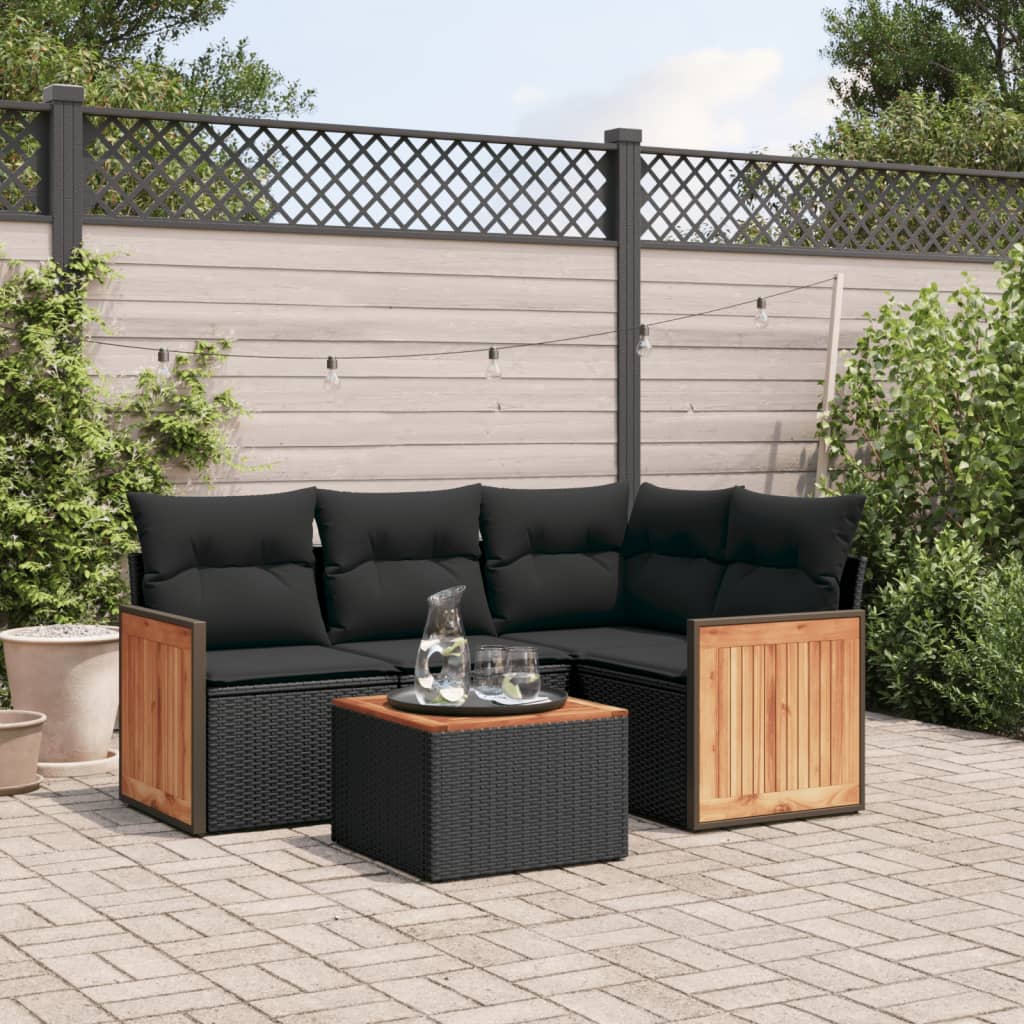 5-delige Loungeset met kussens poly rattan zwart – afbeelding 1