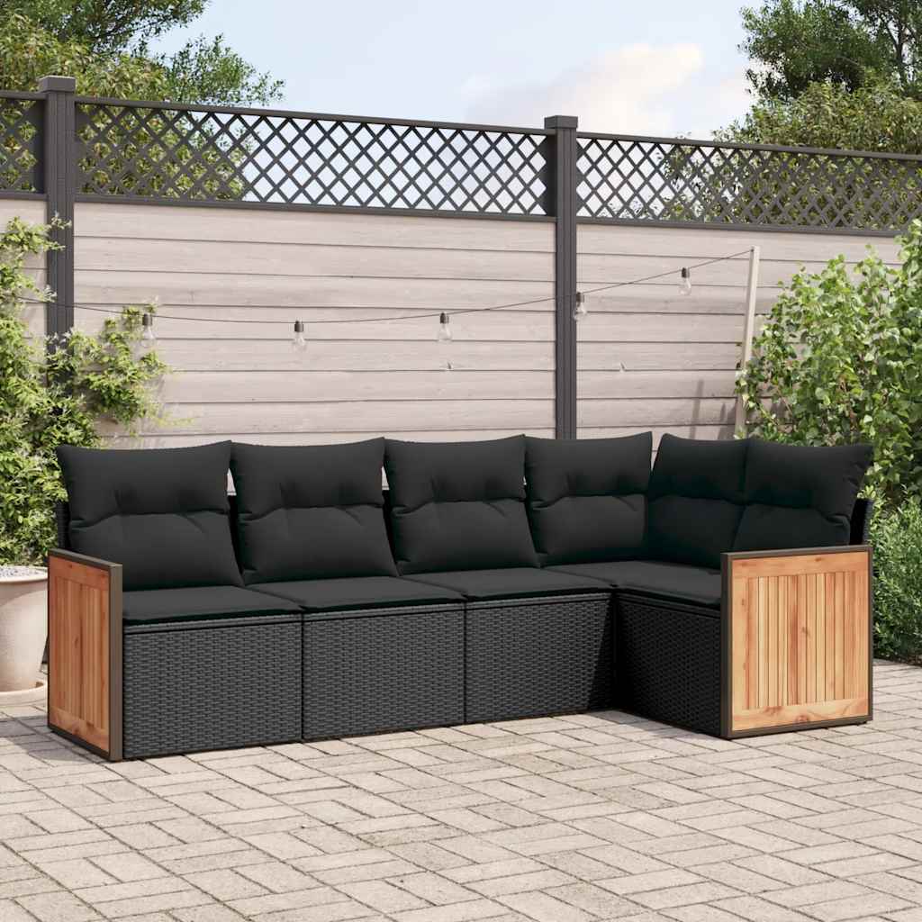 5-delige Loungeset met kussens poly rattan zwart – afbeelding 1
