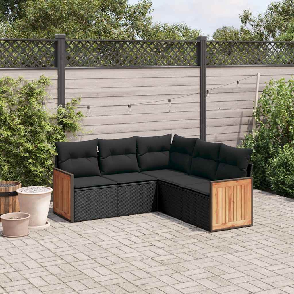 5-delige Loungeset met kussens poly rattan zwart – afbeelding 1