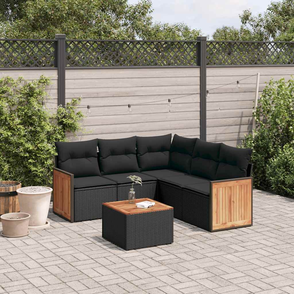 6-delige Loungeset met kussens poly rattan zwart – afbeelding 1