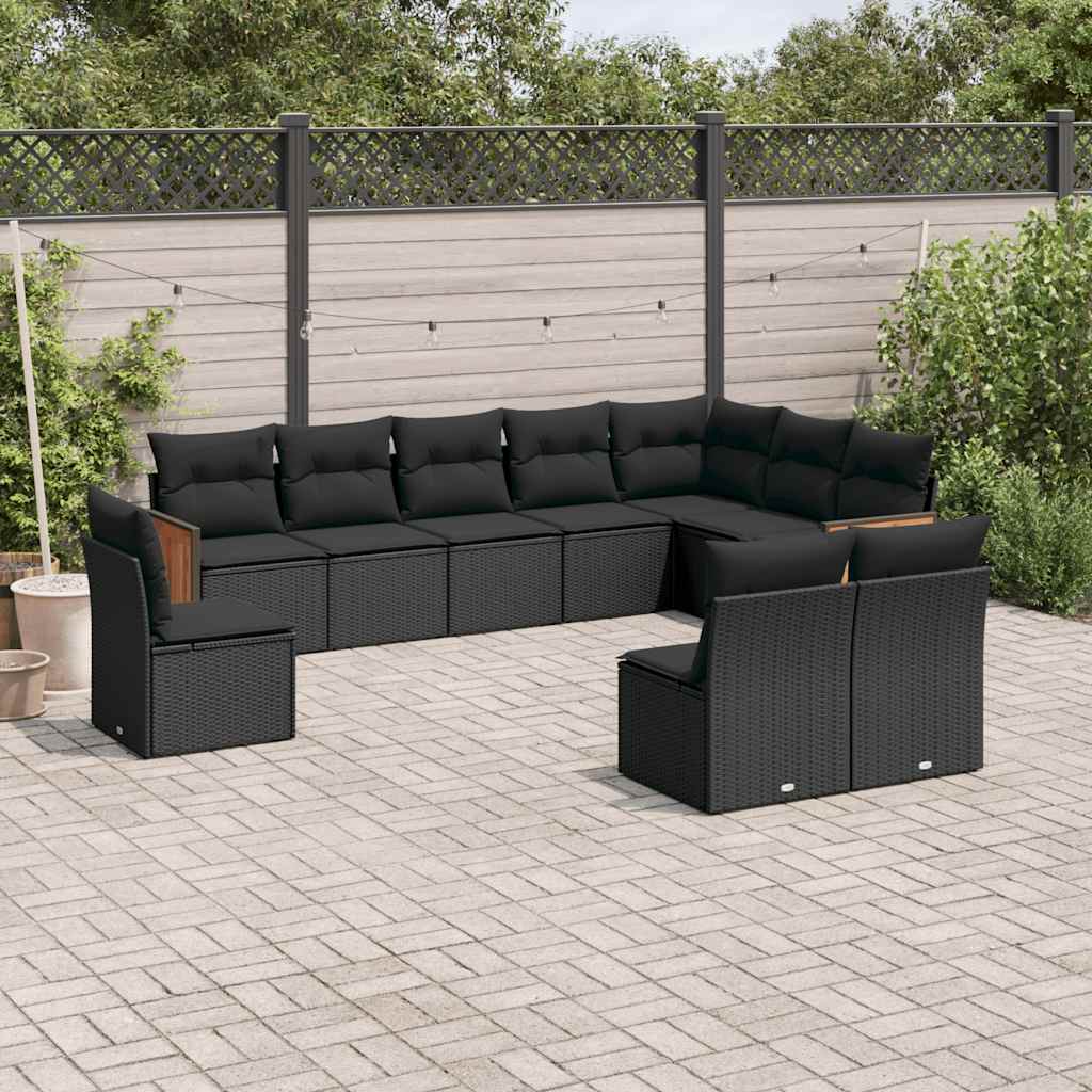 10-delige Loungeset met kussens poly rattan zwart – afbeelding 1