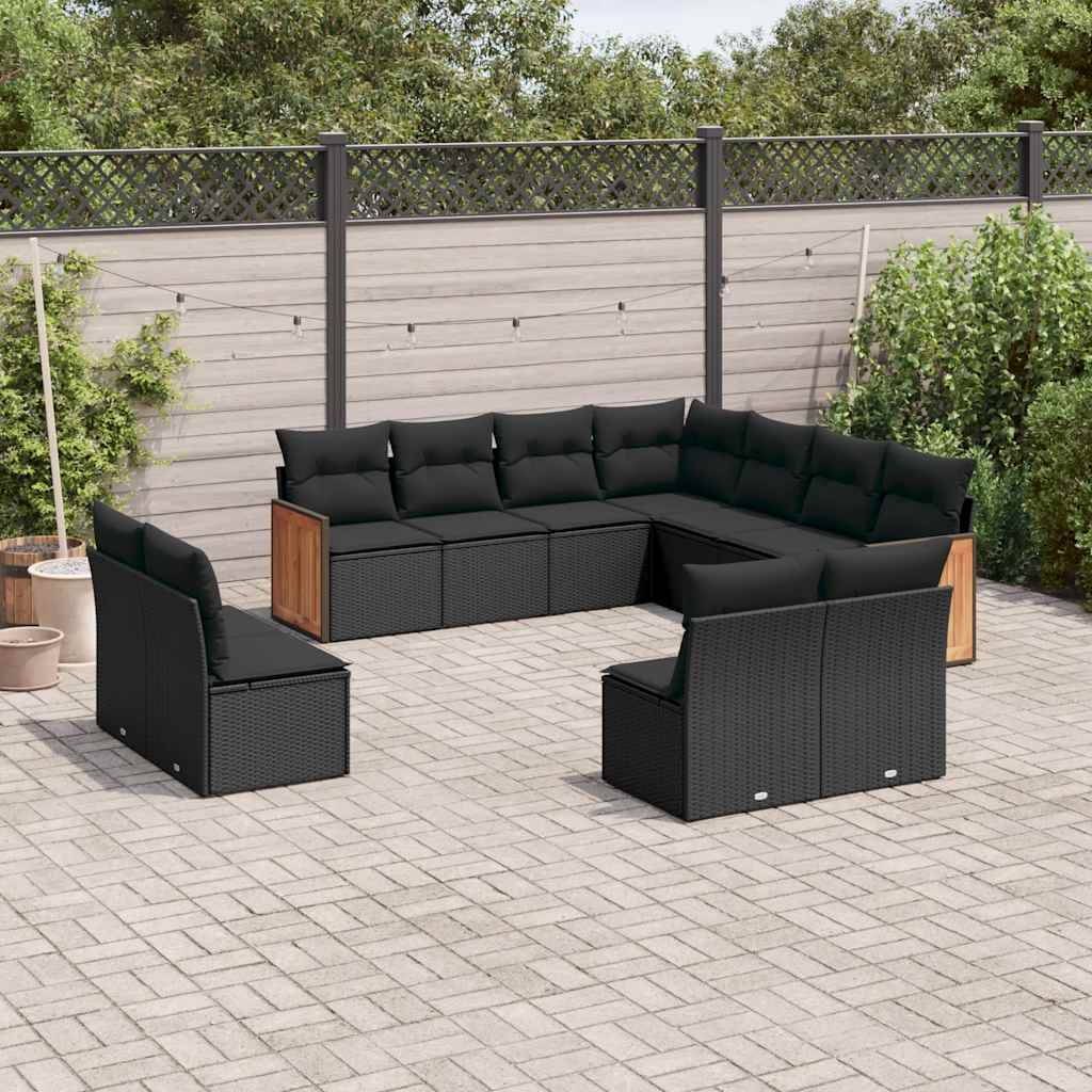 11-delige Loungeset met kussens poly rattan zwart – afbeelding 1