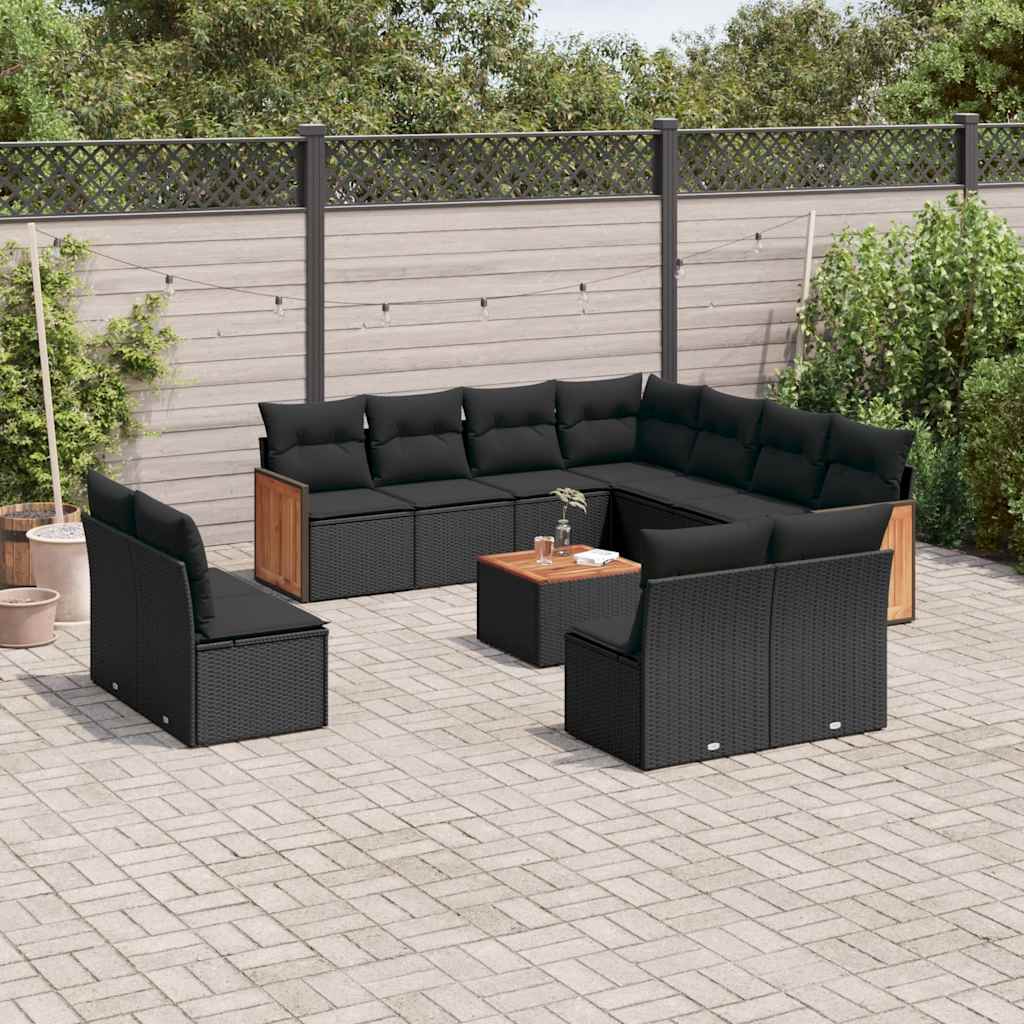 12-delige Loungeset met kussens poly rattan zwart – afbeelding 1